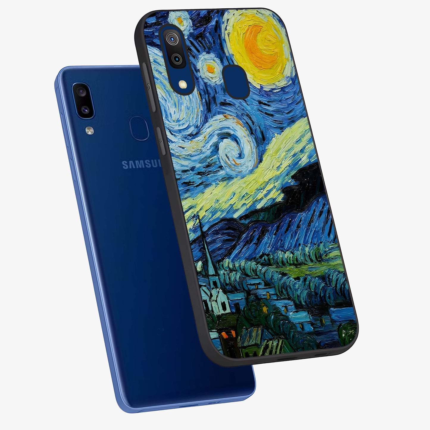 Van Gogh Art Glass Case displayed in angled mockup highlighting swirling brushstroke design with artistic aesthetic.