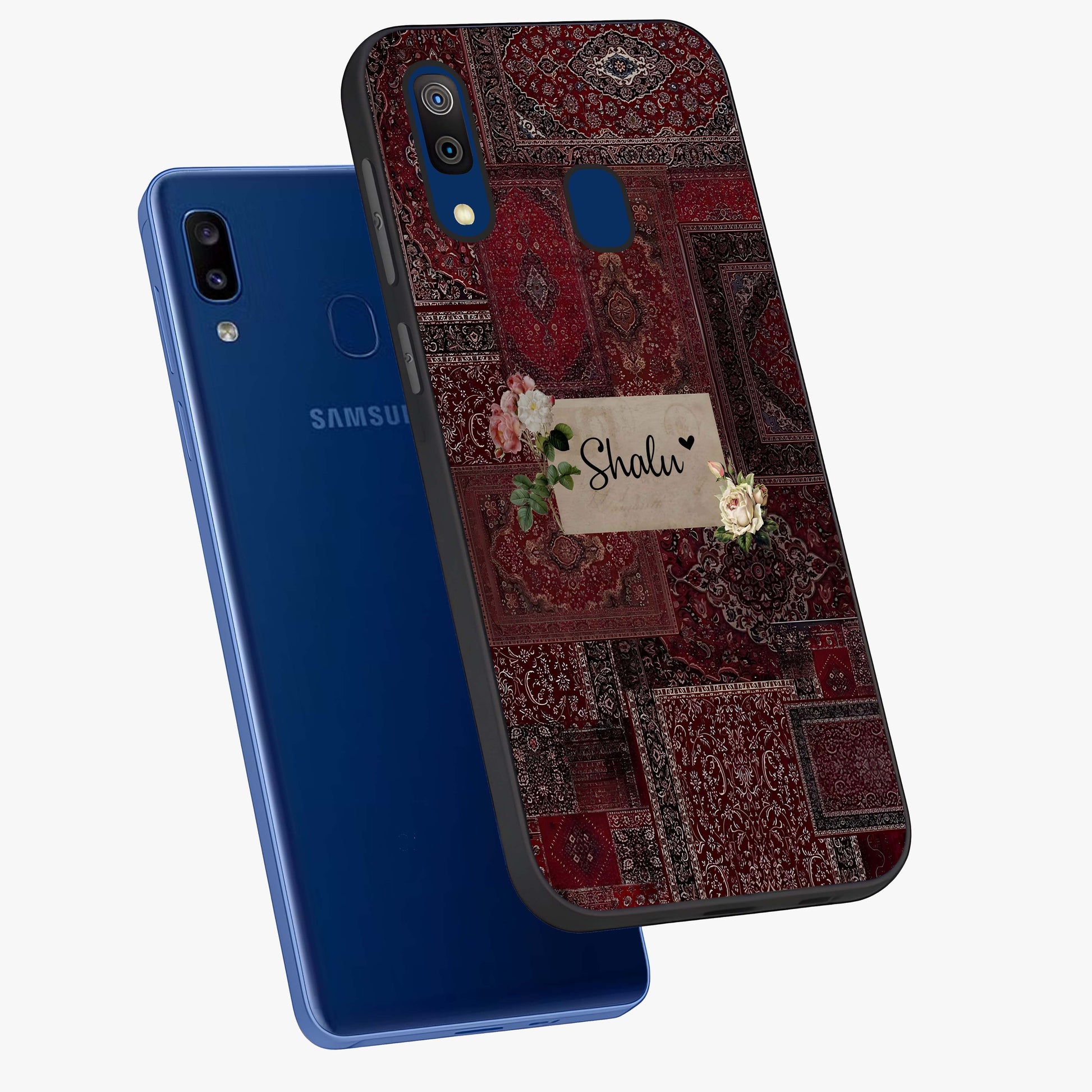 Velvet Wine Pattern Custom Name Glass Case displayed in angled mockup highlighting decorative velvet inspired design with custom name feature.