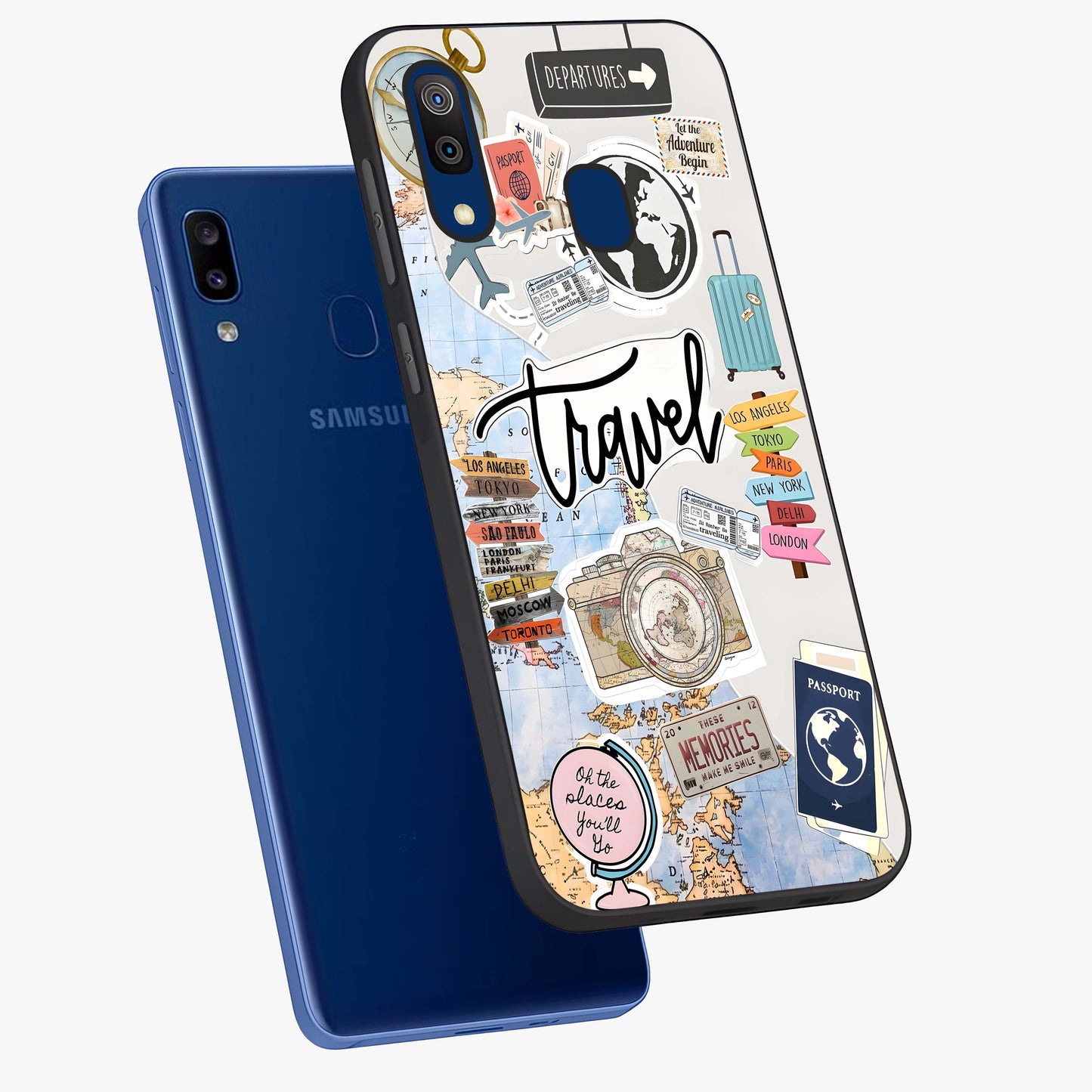 Wanderlust Journal Glass Case displayed in angled mockup highlighting adventure themed design with aesthetic travel vibe.