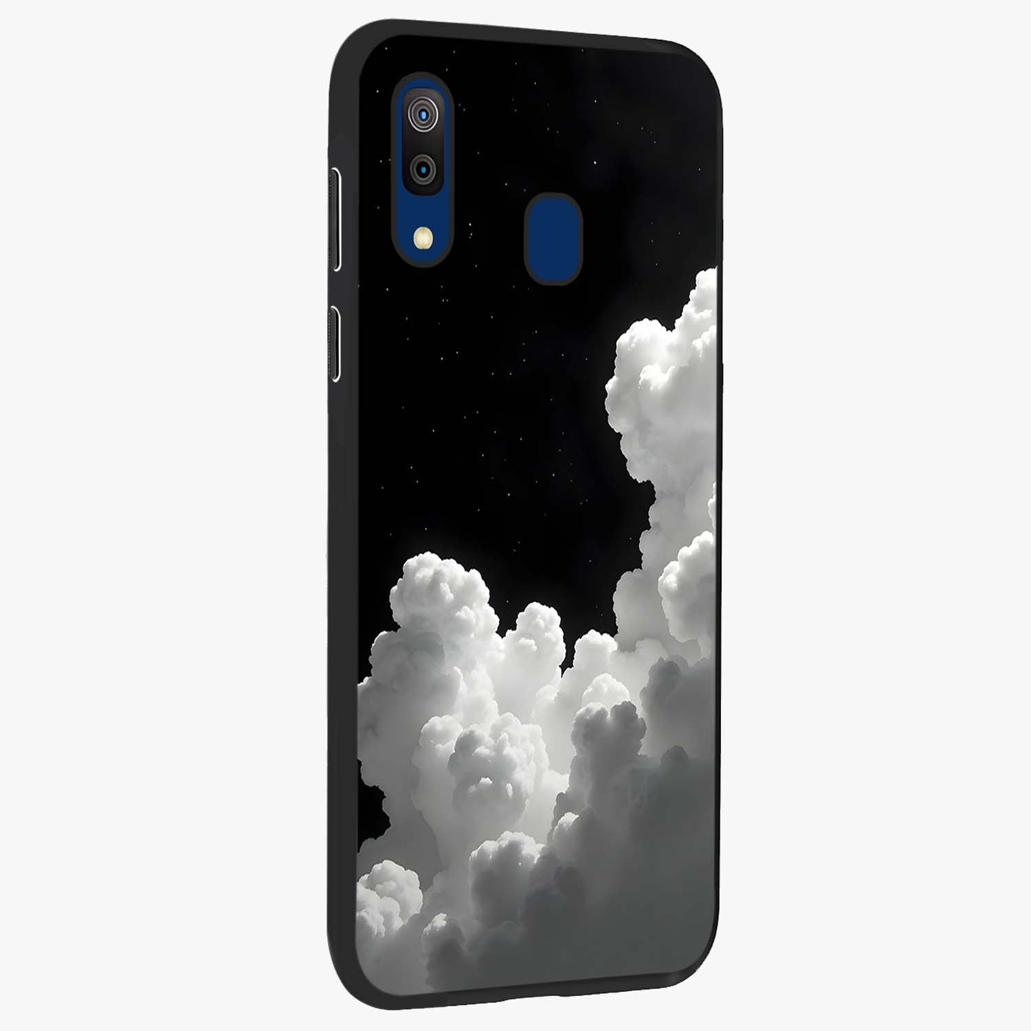 Black Background With White Cloud Glass Case upright view showcasing calm cloud aesthetic with modern minimal style.