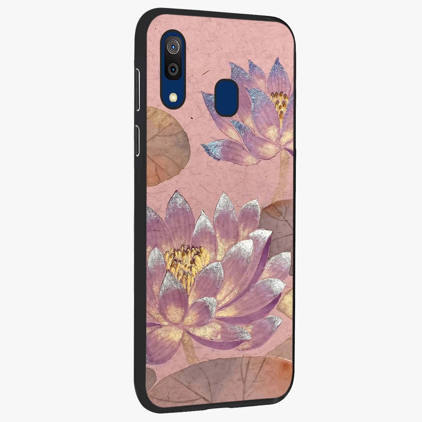 Blossom Mist Lotus Glass Case upright view showcasing graceful lotus flower design with peaceful botanical style.