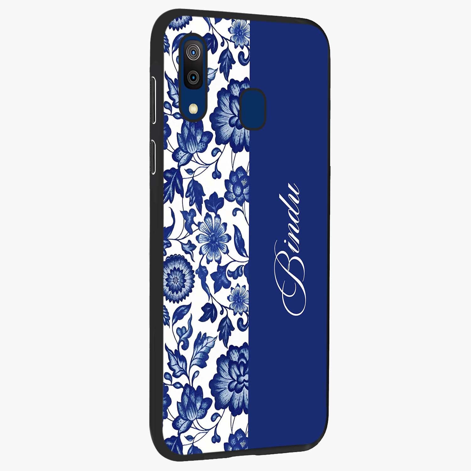 Blue Vintage Floral Pattern Glass Case upright view showcasing delicate blush floral texture with modern minimal style.