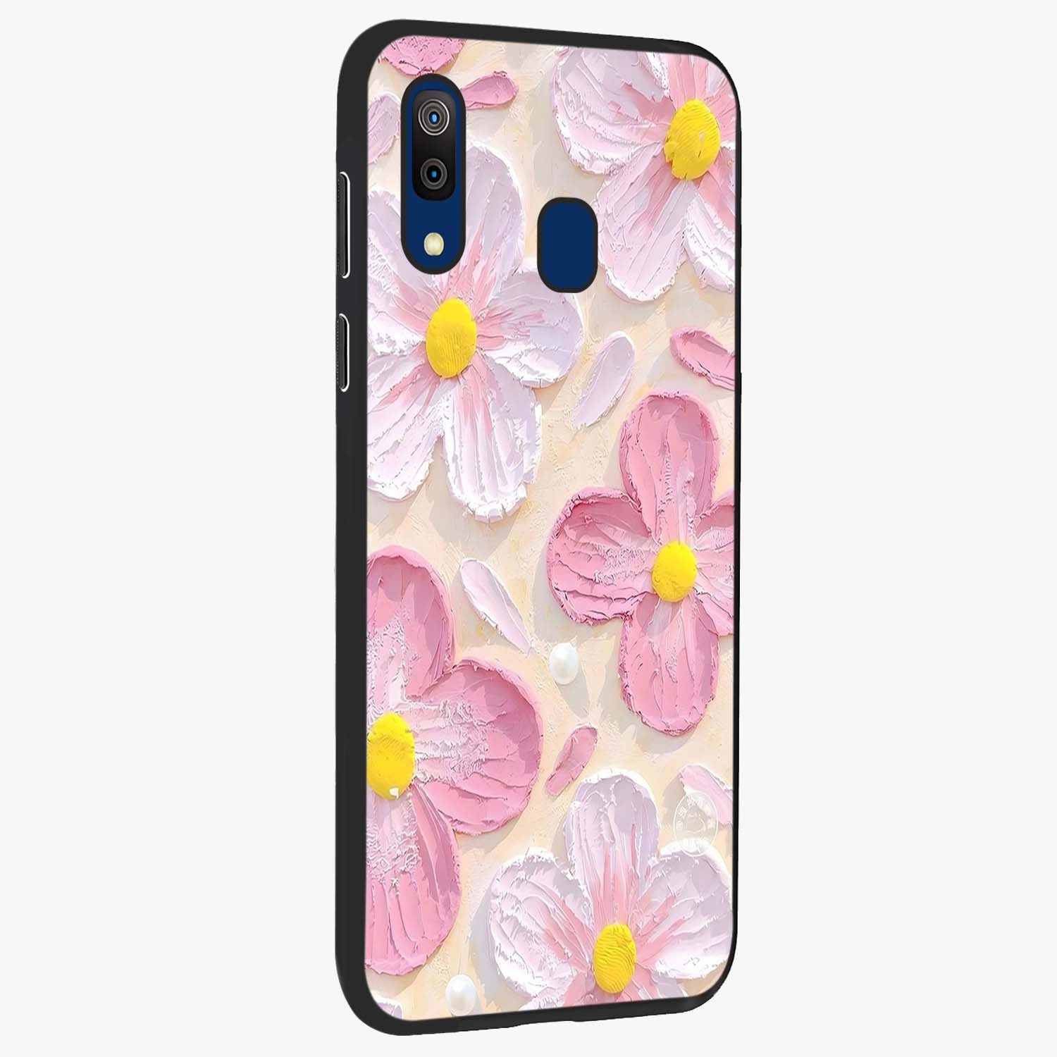 Blush Bloom Texture Glass Case upright view showcasing delicate blush floral texture with modern minimal style.