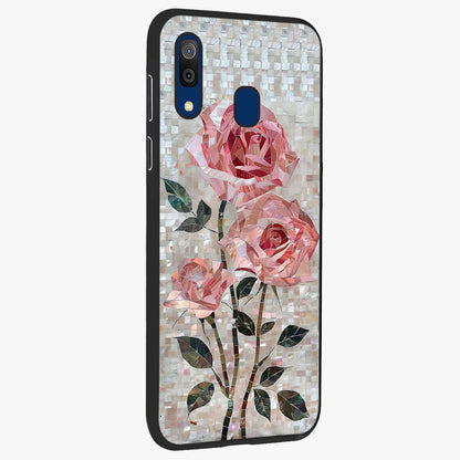 Blush Mosaic Bloom Glass Case upright view showcasing decorative floral mosaic artwork with stylish modern aesthetic.
