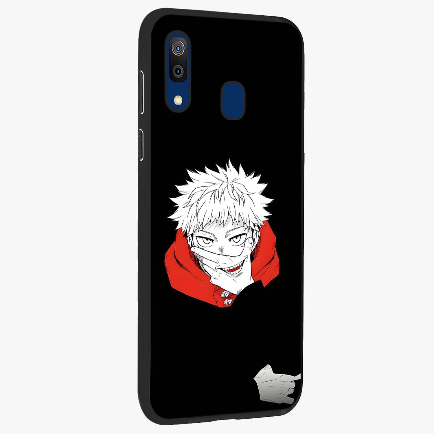 Crimson Chaos Smile Glass Case upright view showcasing expressive chaotic artwork with striking visual theme.