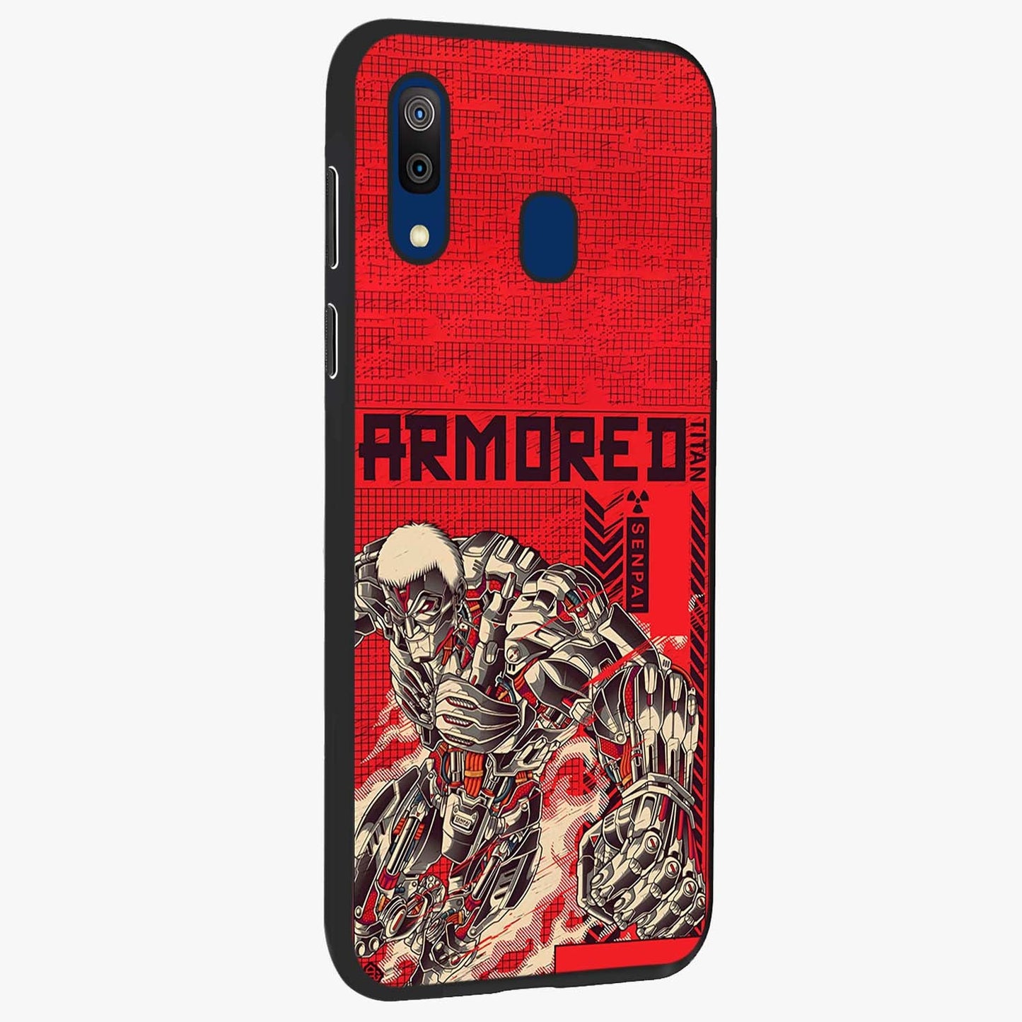 Crimson Mecha Titan Glass Case upright view showcasing dynamic robotic titan design with sci-fi inspired theme.