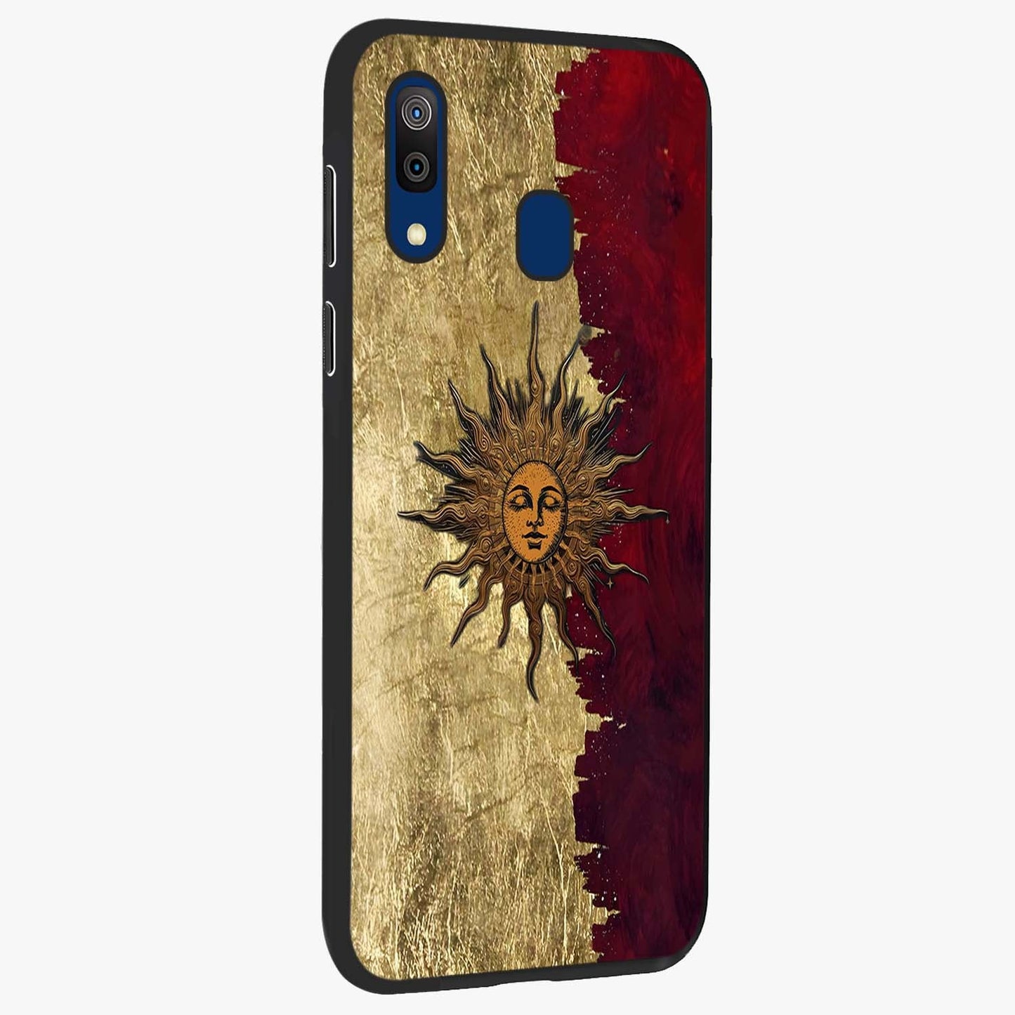 Crimson Sun Majesty Glass Case upright view showcasing vibrant sun artwork with powerful celestial theme.