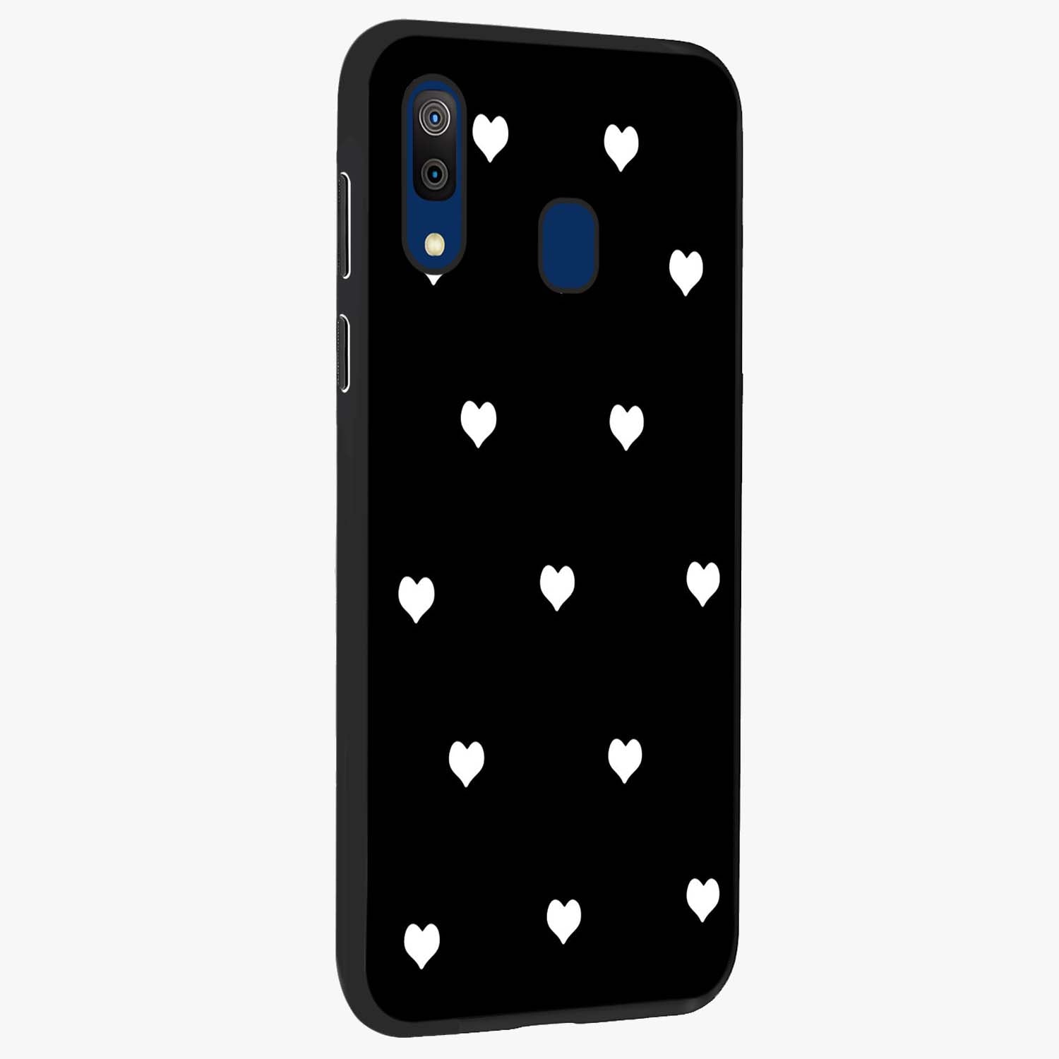 Cute And Simple White Hearts Glass Case upright view showcasing simple white hearts artwork with soft minimal theme.