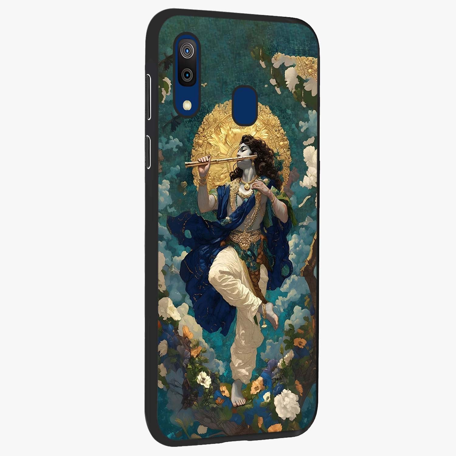 Divine Krishna Art Glass Case upright view showcasing divine Krishna artwork with sacred artistic theme.