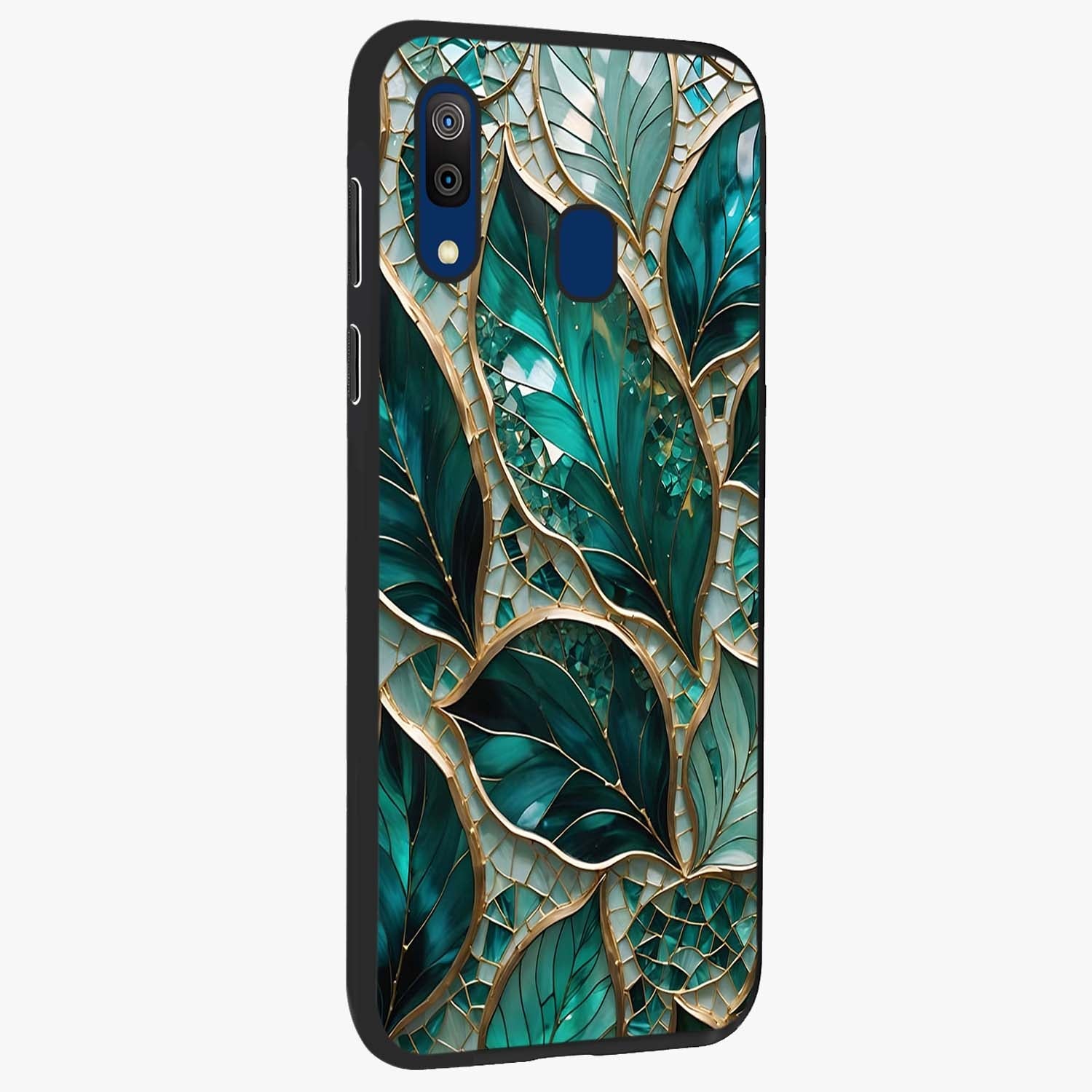 Emerald Leaf Glass Glass Case upright view showcasing fresh green leaf artwork with calming nature inspired style.