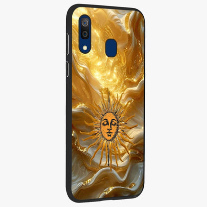 Eternal Golden Glow Glass Case upright view showcasing luminous golden artwork with luxurious visual theme.