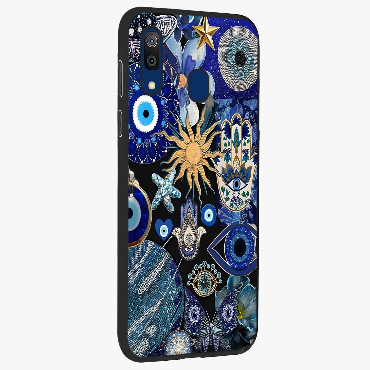 Evil Eye Charm Mix Glass Case upright view showcasing mystical evil eye pattern with vibrant decorative style.