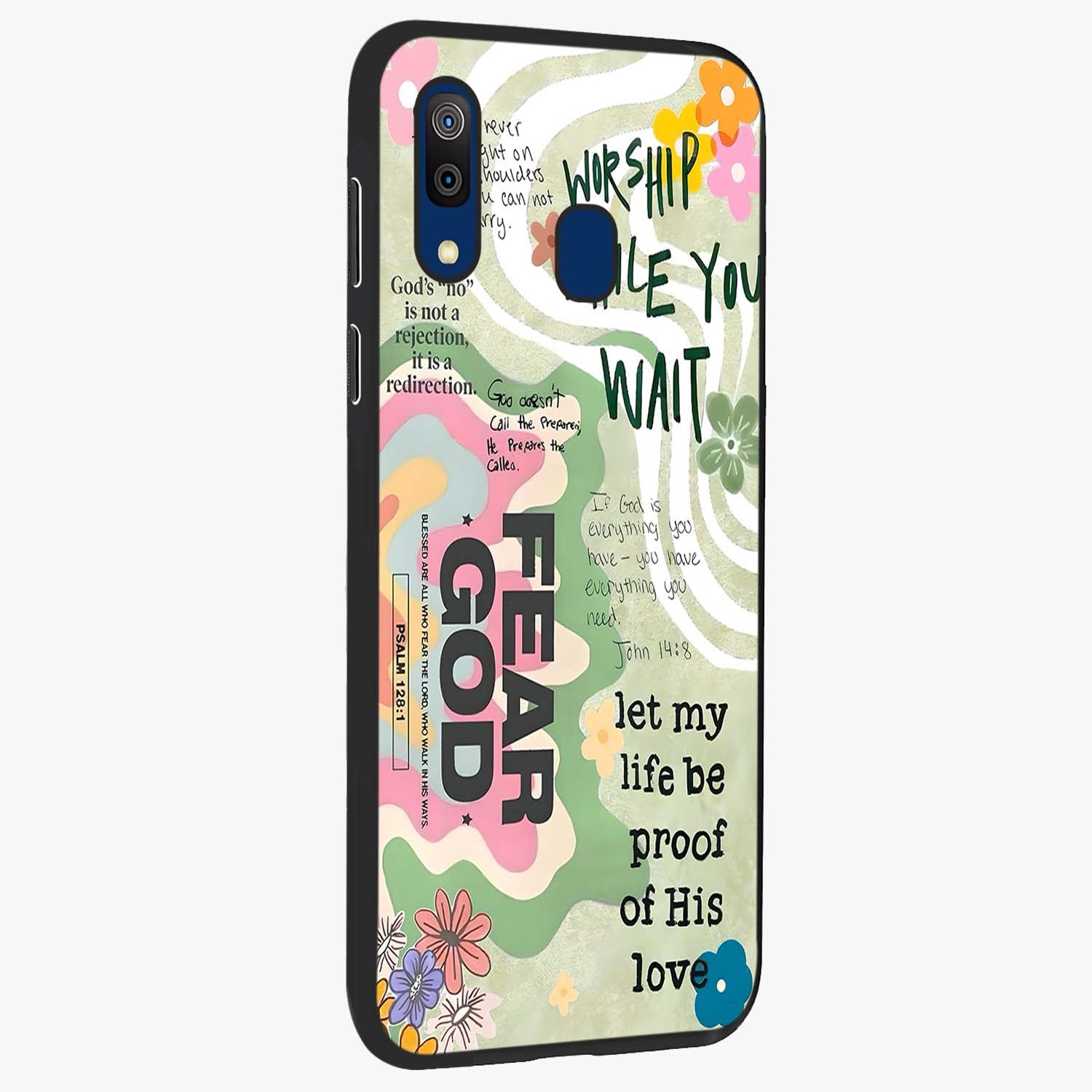 Faith Over Fear Glass Case upright view showcasing bold typography artwork with uplifting motivational theme.
