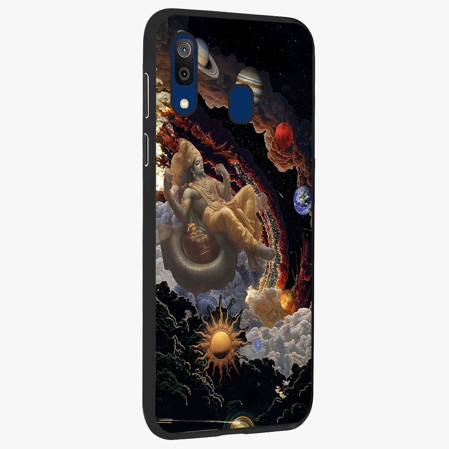 Galactic Divine God Glass Case upright view showcasing mystical divine artwork with dramatic cosmic theme.