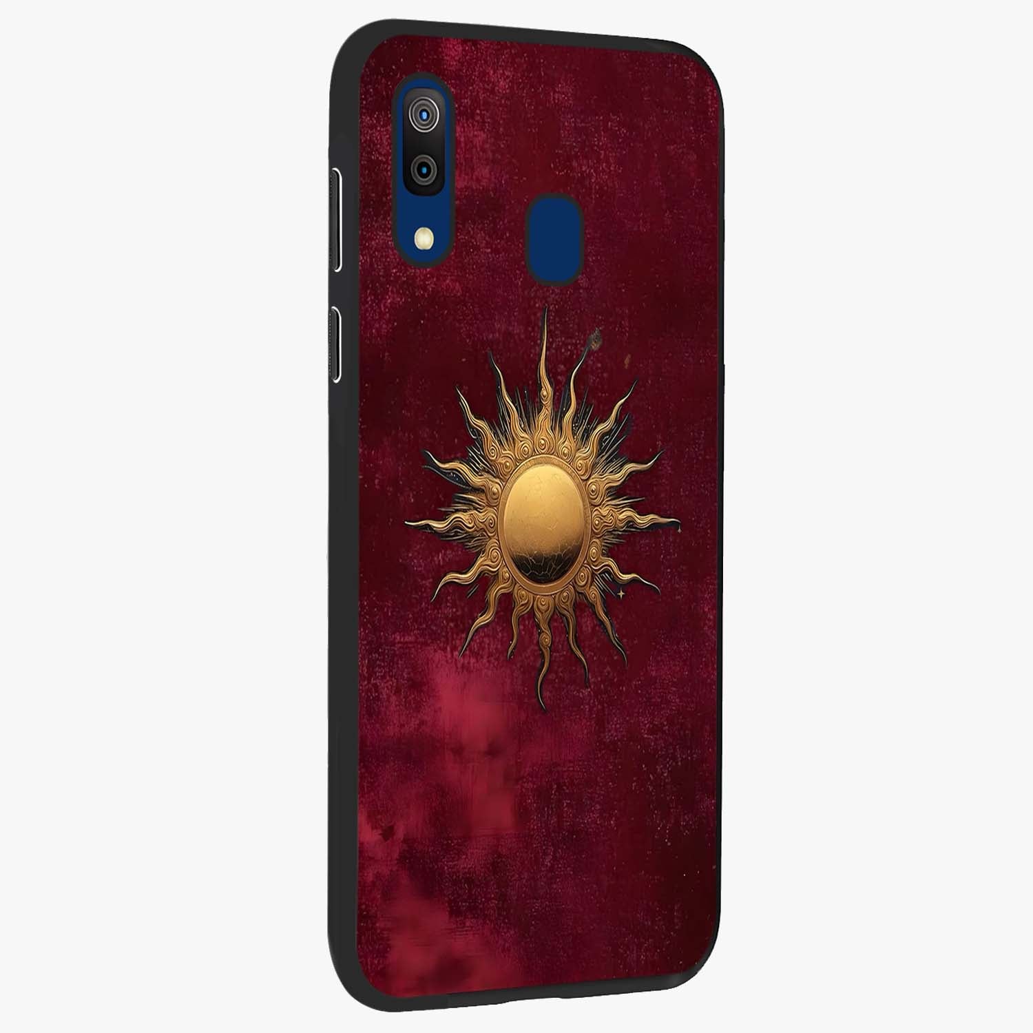 Golden Sun Minimalism Glass Case upright view showcasing simple golden sun artwork with elegant minimalist style.