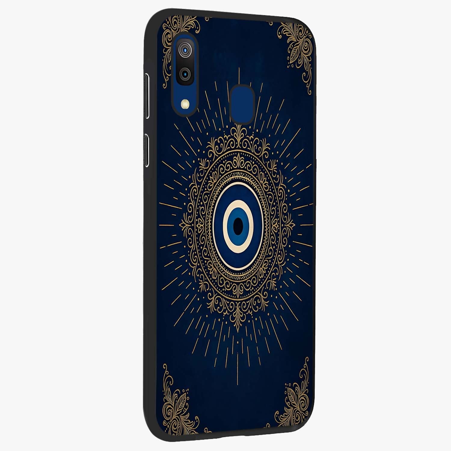 Golden Celestial Charm Glass Case upright view showcasing radiant celestial artwork with elegant golden theme.
