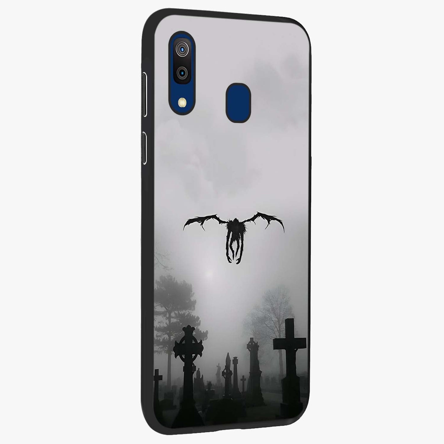 Graveyard Shadow Descent Glass Case upright view showcasing haunting graveyard artwork with dramatic dark theme.