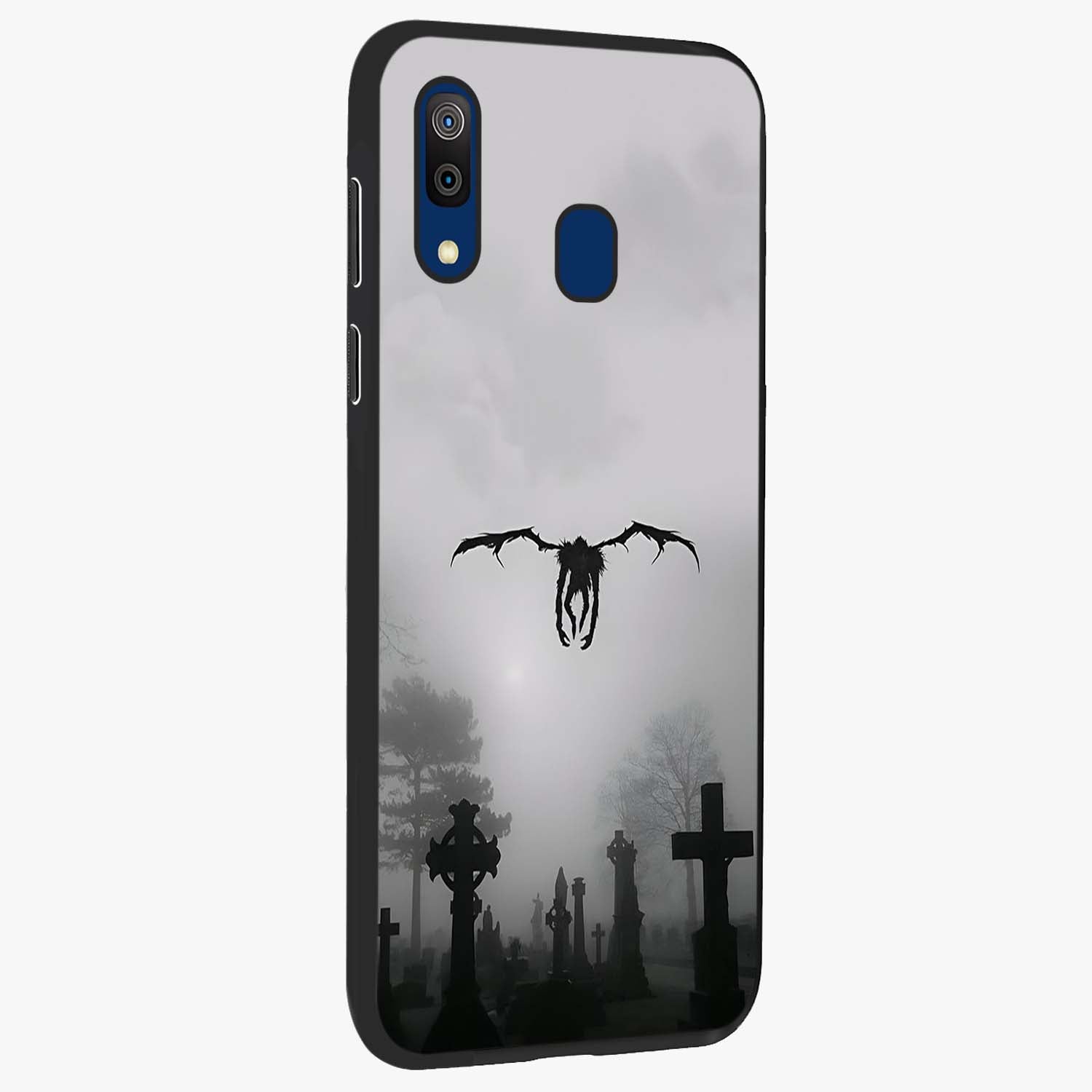 Graveyard Shadow Descent Glass Case upright view showcasing haunting graveyard artwork with dramatic dark theme.