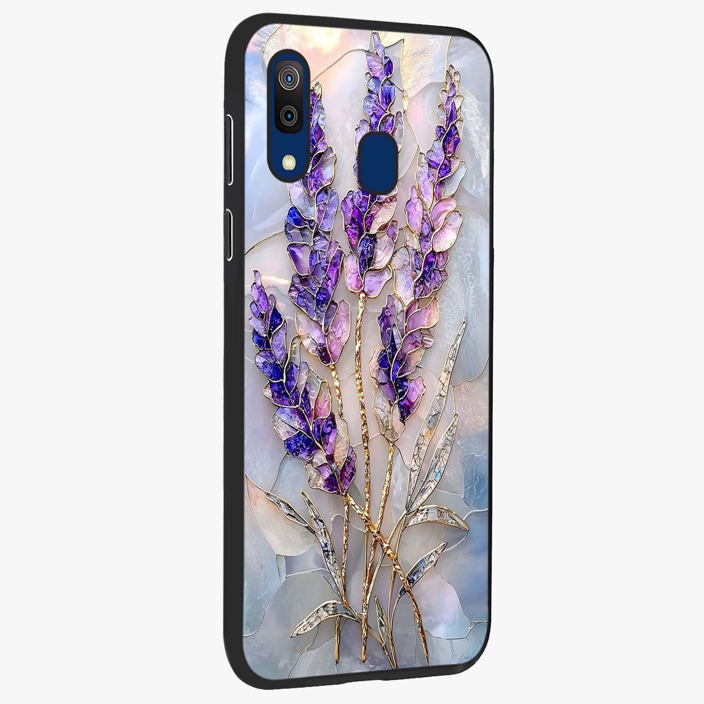 Lavender Dream Glow Glass Case upright view showcasing radiant lavender glow artwork with calming dreamy theme.
