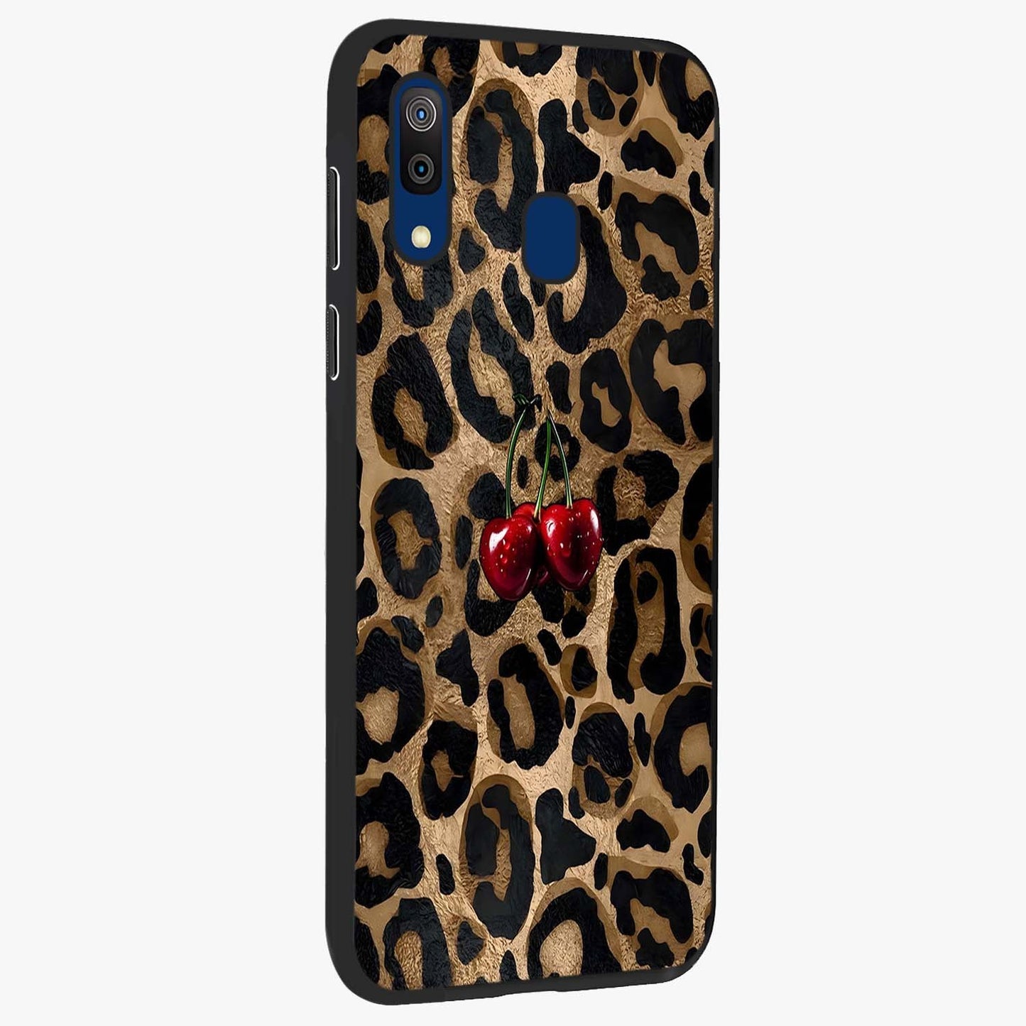 Leopard Wild Cherry Glass Case upright view showcasing stylish leopard pattern artwork with trendy fashion theme.