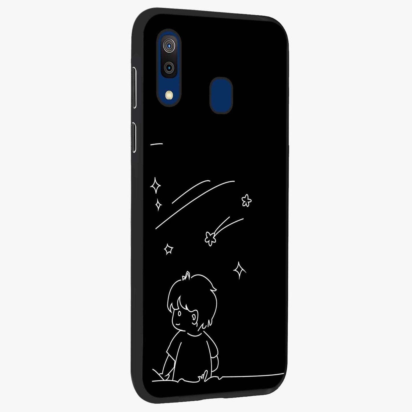 Line Art Boy With Shooting Stars Glass Case upright view showcasing artistic shooting star illustration with minimal style.