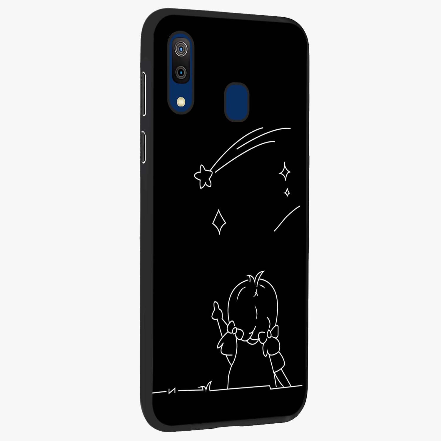 Line Art Girl With Shooting Stars Glass Case upright view showcasing delicate shooting stars artwork with minimal artistic theme.