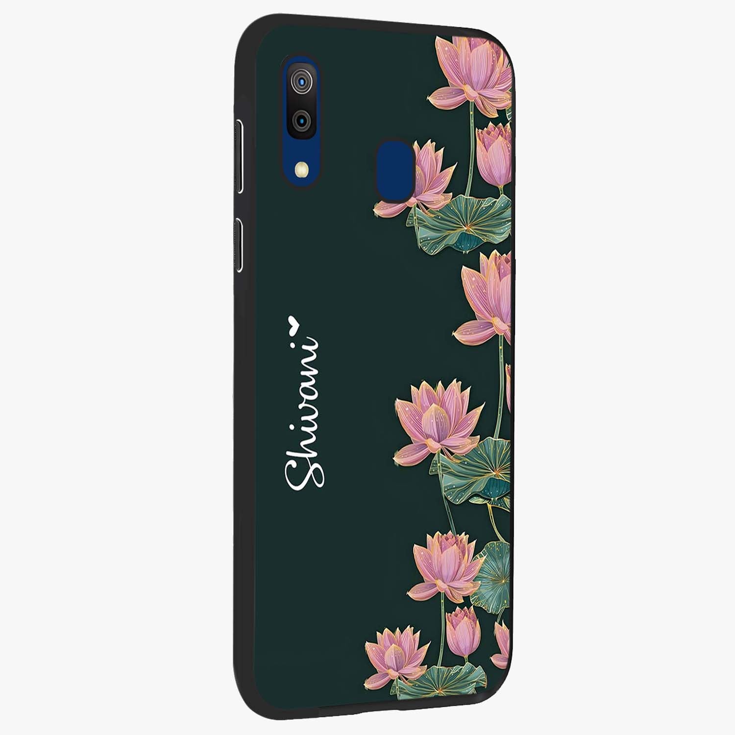 Lotus Bloom Serenity Custom Name Glass Case upright view showcasing serene lotus bloom artwork with personalized floral aesthetic.
