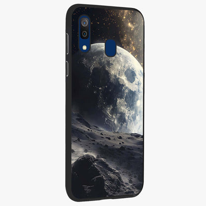Lunar Horizon Glow Glass Case upright view showcasing radiant lunar artwork with calm cosmic theme.