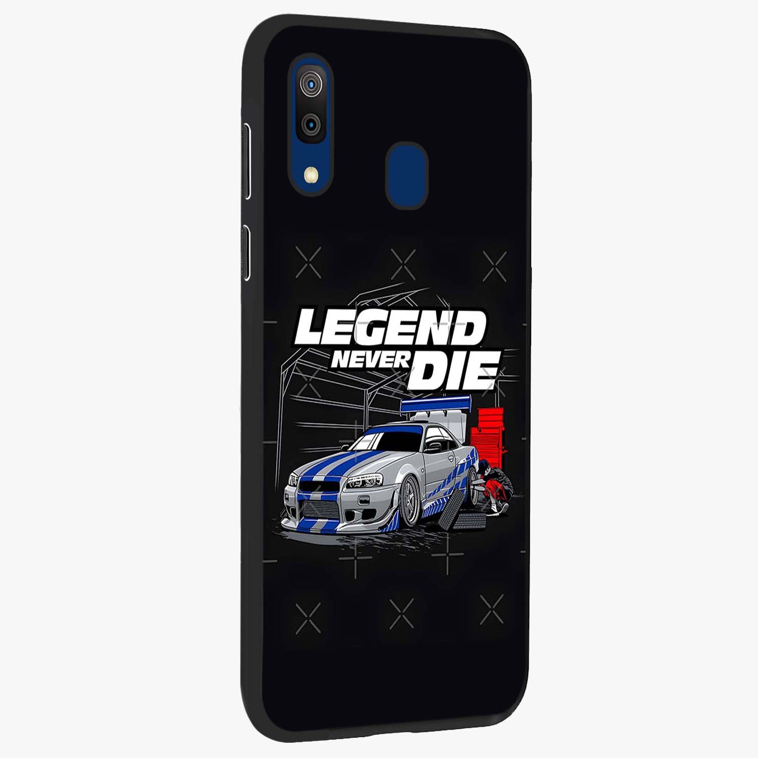 Midnight Racing Legacy Glass Case upright view showcasing powerful racing artwork with modern sports theme.