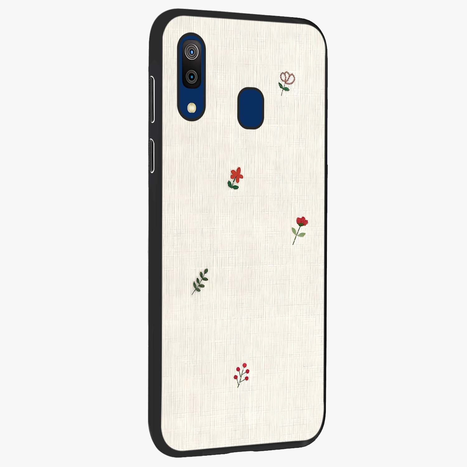 Minimalistic Blue With White Flower Pattern Glass Case upright view showcasing clean white flower artwork with calming blue theme.