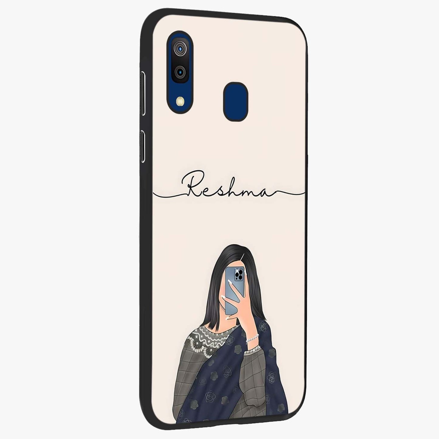 Mirror Mood Muse With Custom Name Glass Case upright view showcasing artistic mirror themed artwork with personalized aesthetic.
