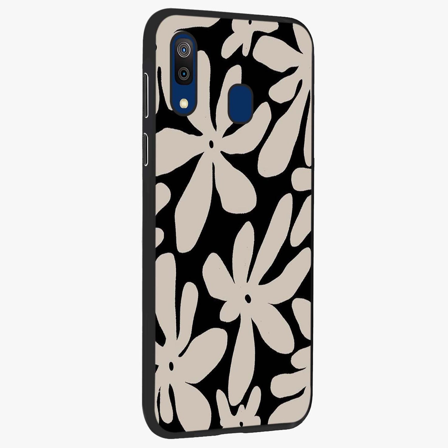 Monochrome Petal Dance Glass Case upright view showcasing artistic floral pattern with stylish monochrome theme.