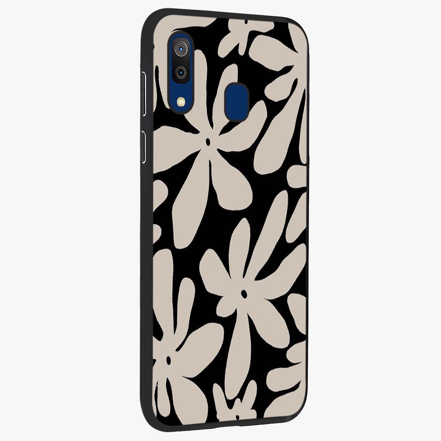 Monochrome Petal Dance Glass Case upright view showcasing artistic floral pattern with stylish monochrome theme.