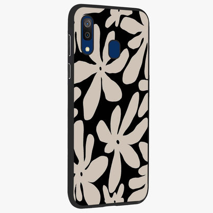 Monochrome Petal Dance Glass Case upright view showcasing artistic floral pattern with stylish monochrome theme.