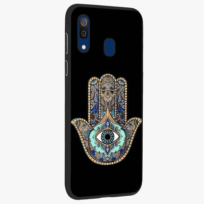 Mystic Hamsa Eye Glass Case upright view showcasing detailed hamsa eye artwork with protective spiritual theme.