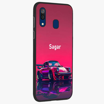 Neon Pink Porsche Glass Case upright view showcasing vibrant sports car artwork with bold automotive theme.
