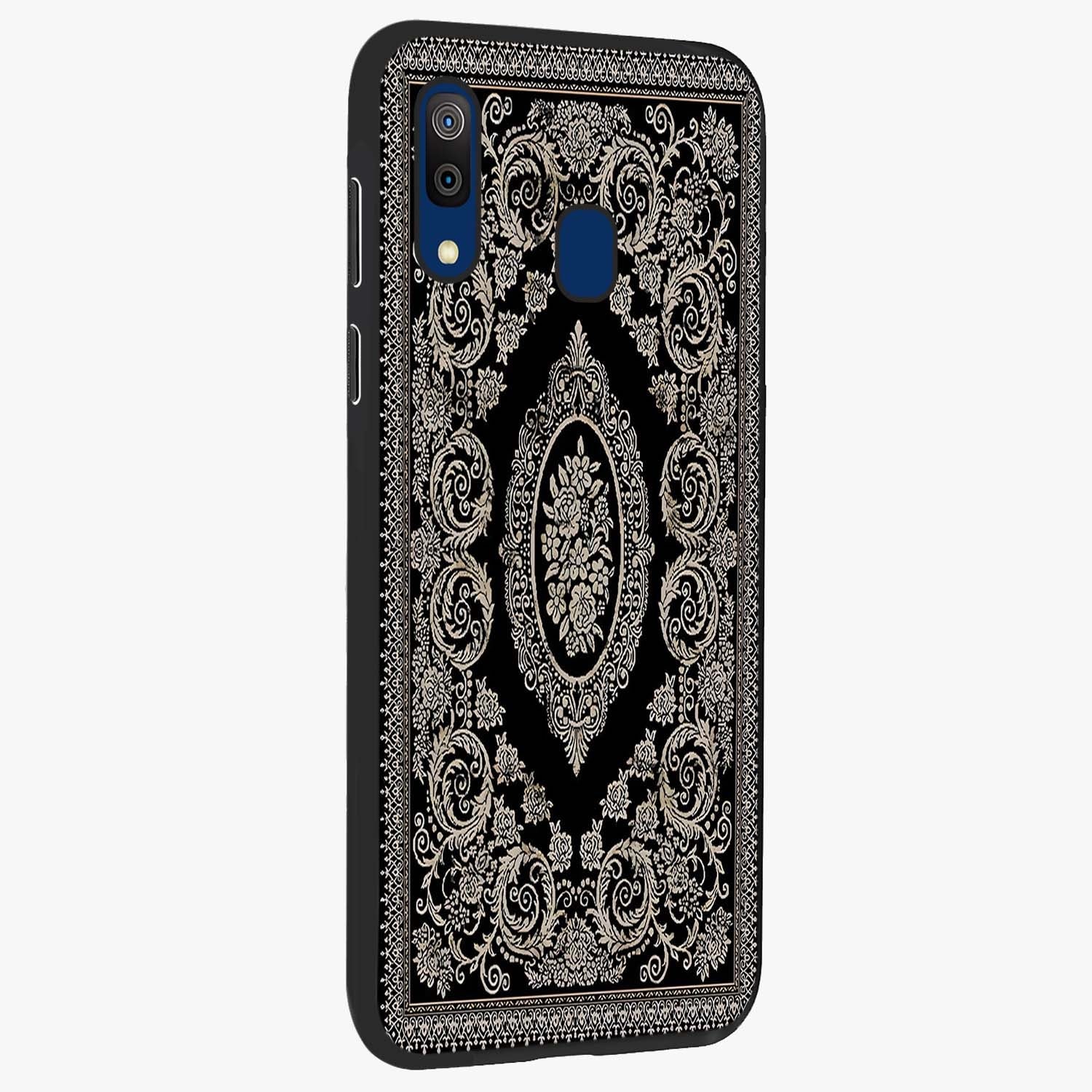 Noir Bloom Elegance Glass Case upright view showcasing graceful floral artwork with luxurious dark theme.