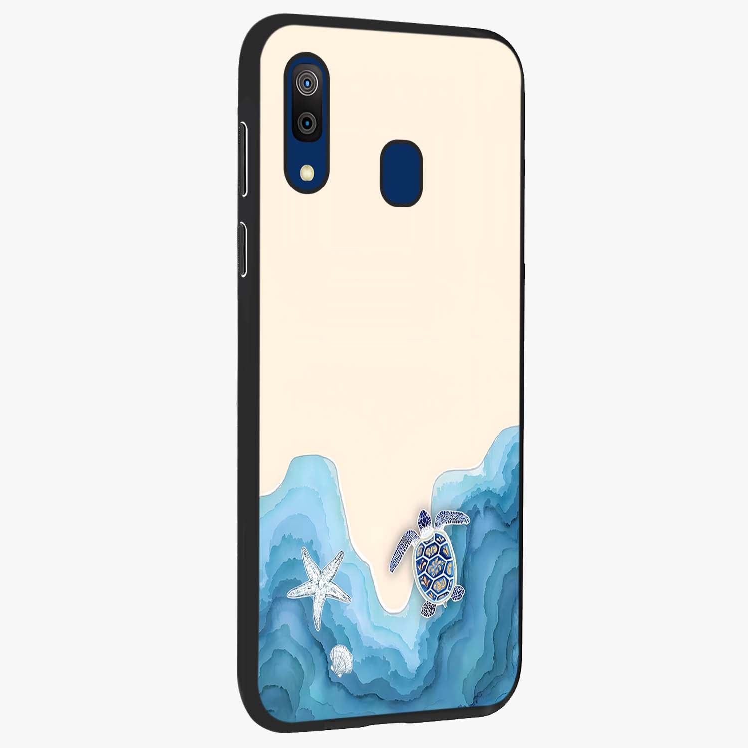 Ocean Drift Turtle Glass Case upright view showcasing calm underwater turtle artwork with nature inspired theme.