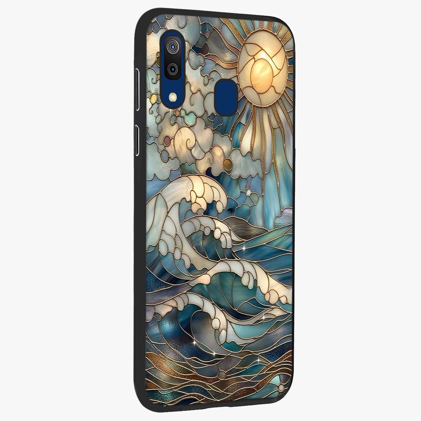 Oceanic Stained Printed Glass Case upright view showcasing decorative ocean pattern artwork with vibrant marine theme.