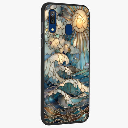 Oceanic Stained Printed Glass Case upright view showcasing decorative ocean pattern artwork with vibrant marine theme.