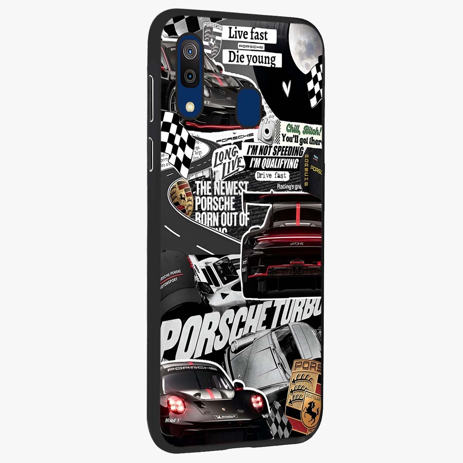 Porsche Racing Collage Glass Case upright view showcasing energetic car collage artwork with high speed racing theme.