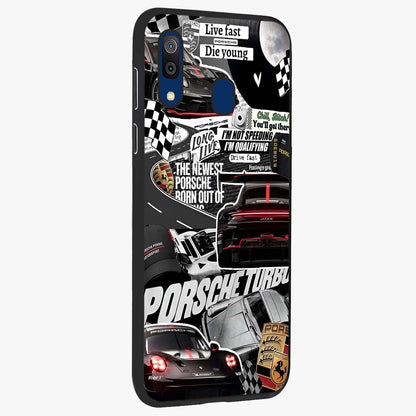 Porsche Racing Collage Glass Case upright view showcasing energetic car collage artwork with high speed racing theme.