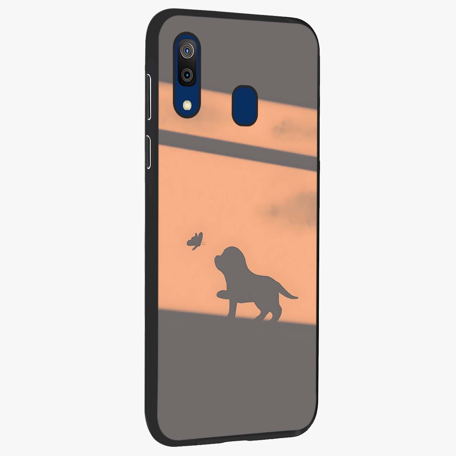 Puppy Shadow Art Glass Case upright view showcasing charming puppy artwork with creative silhouette theme.