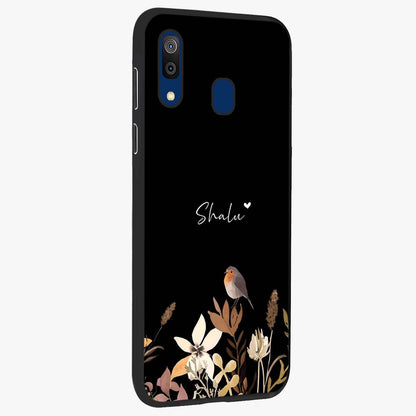Quiet Garden Tune Custom Name Glass Case upright view showcasing serene botanical artwork with personalized aesthetic.