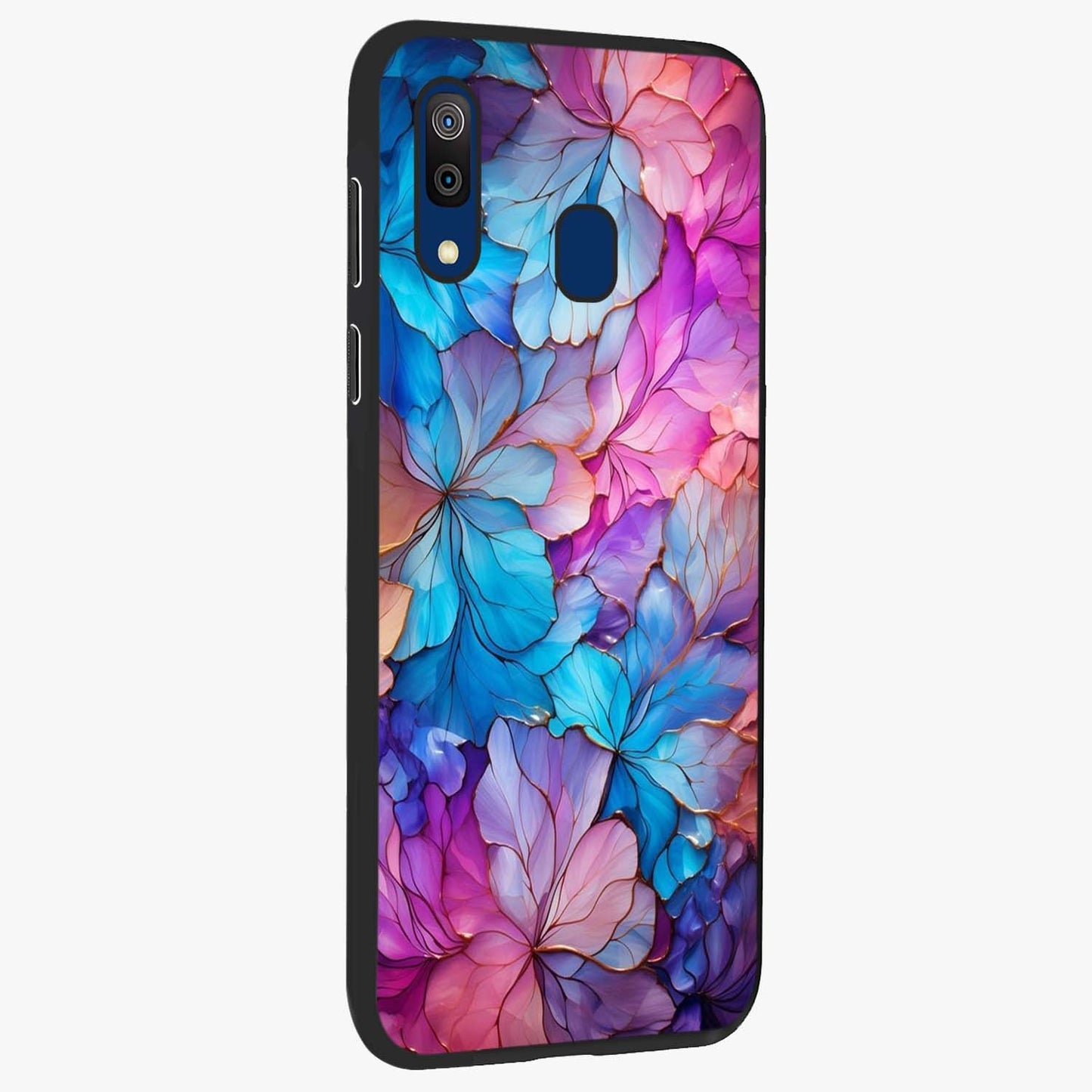 Radiant Floral Whirl Glass Case upright view showcasing lively floral artwork with decorative swirl theme.