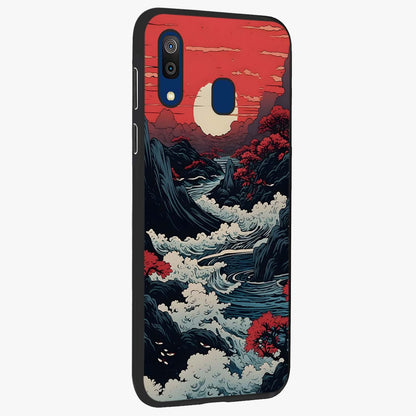 Red Sunset Scenery Glass Case upright view showcasing dramatic sunset scenery artwork with warm nature theme.