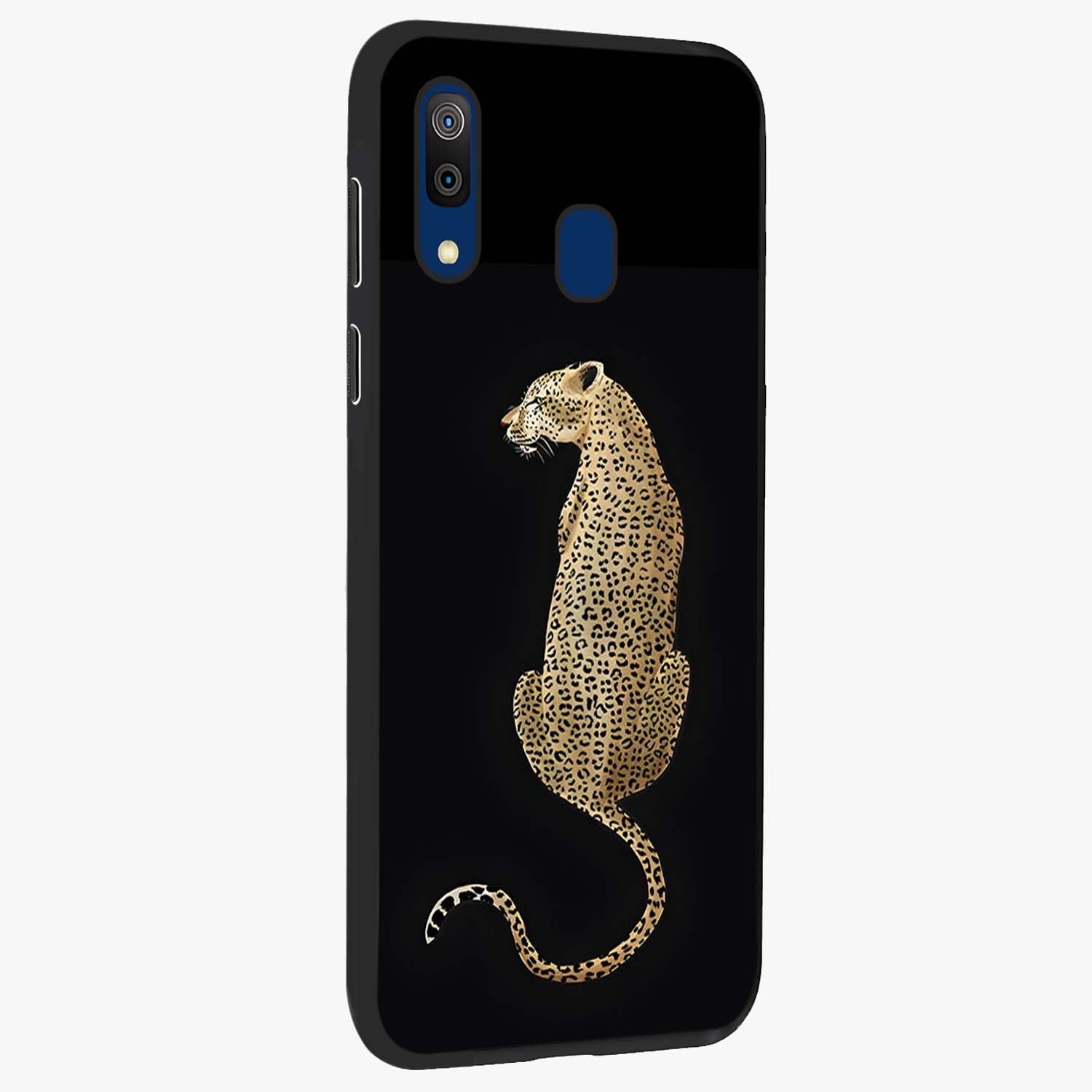 Regal Leopard Glass Case upright view showcasing striking leopard artwork with fierce wildlife theme.