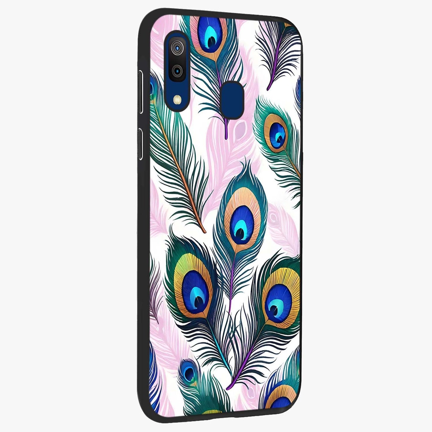 Royal Peacock Feathers Glass Case upright view showcasing elegant peacock feather artwork with decorative royal theme.