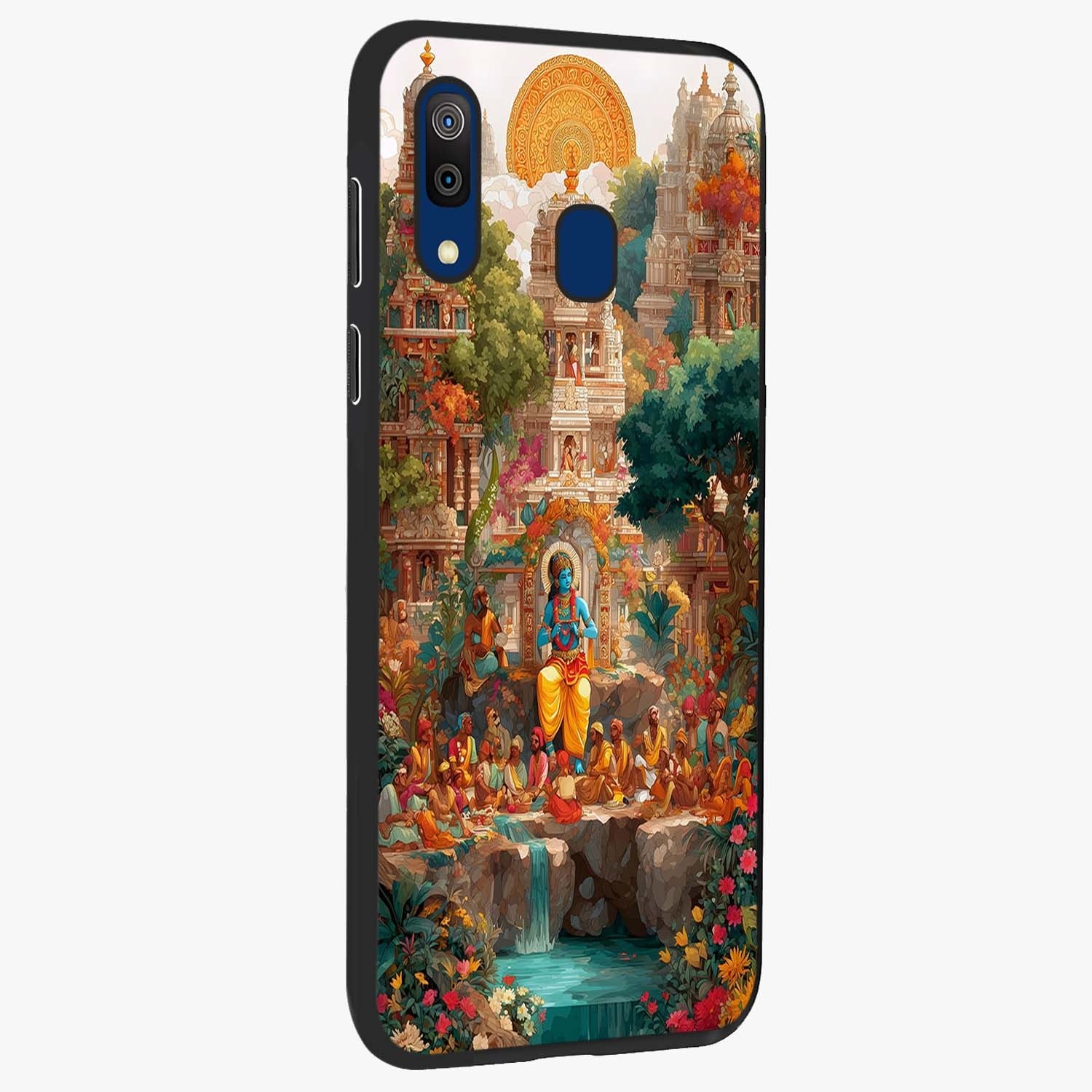 Sacred Sunlight Gods Glass Case upright view showcasing glowing divine artwork with sacred mythological theme.