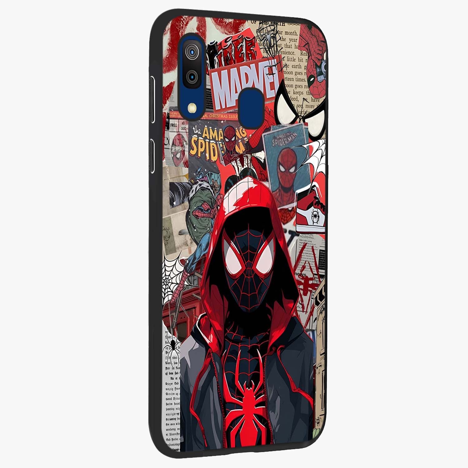Spider Collage Street Glass Case upright view showcasing bold superhero artwork with urban street theme.